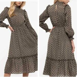 By The River Boutique Maxi Prairie Dress Olive Green Polk a Dot Ruffle Small